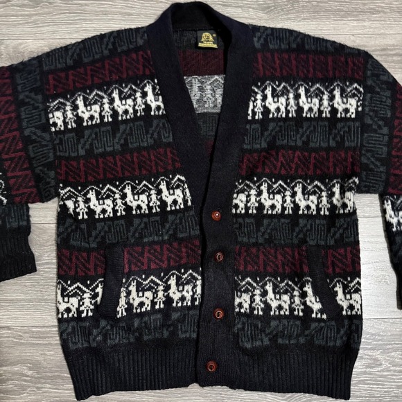 Tejidos Rumiñahui Mens Wool Alpaca Llama Fair Isle Cardigan Sweater Ecuador Sz L